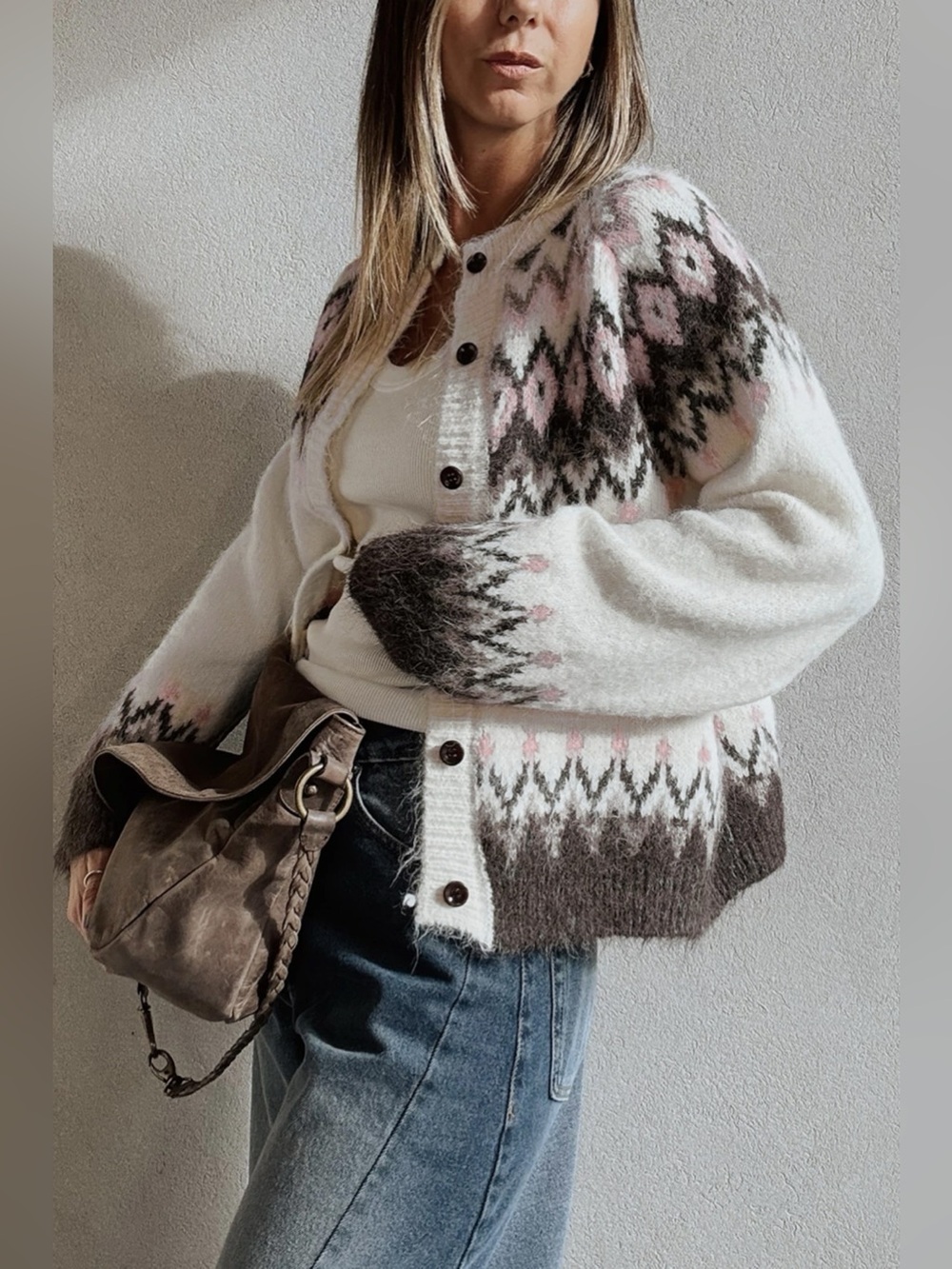 Geometric Pattern Brushed Knit Button Cardigan - Picture 4 of 14
